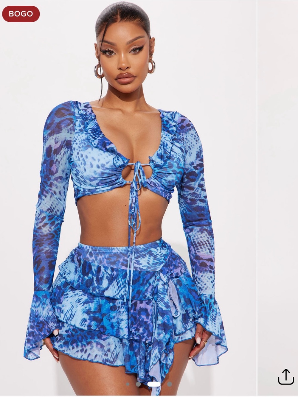 Fashion Nova Blue Animal-Print Ruffle Mini Skirt